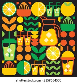 Ilustración plana simple de formas abstractas de cítricos, limones, limonadas, limas, hojas y otros símbolos geométricos. Icono de bebida helada de zumo de naranja natural con vidrio, jarra, paja y taza de plástico.