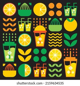 Simple ilustración plana de formas abstractas de cítricos, limones, pomelo, limonada, limas, hojas y otros símbolos geométricos. Icono de la bebida de hielo de jugo fresco en vidrio, y taza de plástico con paja.