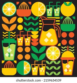 Simple flat illustration of abstract shapes of citrus fruits, lemons, lemonade, limes, leaves and other geometric symbols. Fresh orange juice ice drink icon with glass, jug, straw and plastic cup.