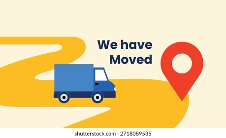 Simples ilustração plana anunciando uma mudança de endereço com um caminhão em movimento e pino de localização
