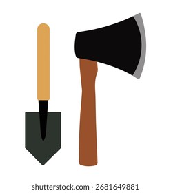 Una simple ilustración plana de un hacha y una paleta de mano. Este icono de conjunto de herramientas es ideal para diseños sobre trabajo, jardinería, camping, supervivencia o construcción.
