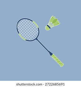 Una ilustración plana simple de una raqueta de bádminton y un volante sobre un fondo azul