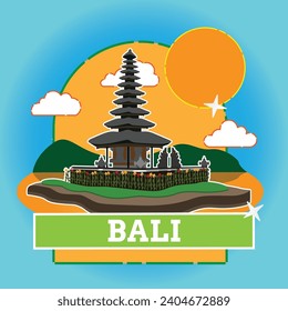 Simple flat illustration of bali landmark pura ulun danu bali island indonesia