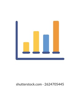 Simple flat illustration of a bar graph against White Background featuring blue yellow and orange bars with a blue x and y axis.
