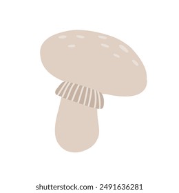 
Simple flat illustration of a beige mushroom with a dotted cap and striped gills on a white background. The cartoonish design highlights the natural, organic shape, ideal for botanical or food theme.