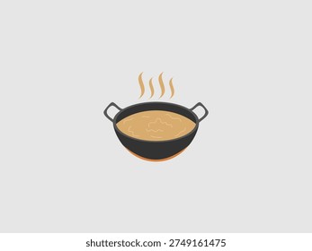A simple flat illustration of a black frying pan or wok filled with hot