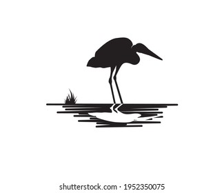 simple flat illustration of black stork on the river