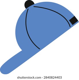 A simple, flat illustration of a blue baseball cap, featuring a black button on top and a black adjustable strap at the back, presented on a white background.