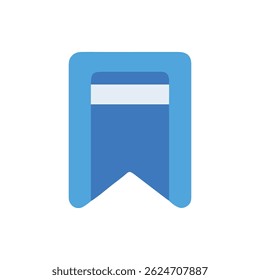 Simple flat illustration of a blue bookmark with a white stripe. Centered on a White Background.