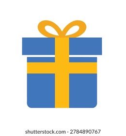 A simple, flat illustration of a blue gift box tied with a yellow ribbon and a bow on top.
