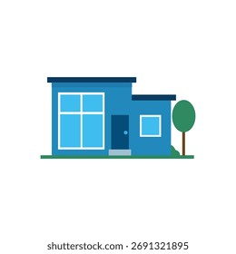 Una ilustración simple y plana de una casa moderna azul con Grandes ventanas de vidrio y un solo árbol verde sobre un fondo blanco.
