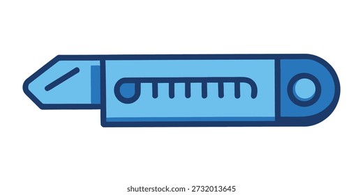 A simple, flat illustration of a blue utility knife with a sharp blade and a serrated edge on the handle.