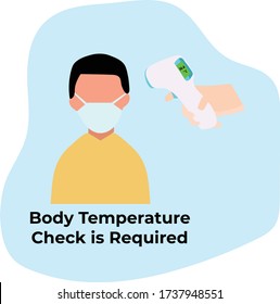 Simple Flat Illustration of Body Temperature Check Measurement of A Man with Thermo Gun Sign during Covid-19 Outbreak.