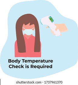 Einfache flache Illustration der Körpertemperaturkontrolle Messung einer Frau mit Thermo Gun-Zeichen während des Ausbruchs von Covid-19.