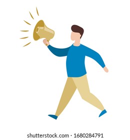  simple flat illustration of a boy, man with a bullhorn 