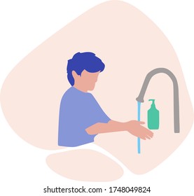 Ilustración plana simple de un niño o un hombre lavándose las manos. Ilustración del vector de lavado de manos. Prevención de la propagación del Coronavirus Covid-19. Nueva Ilustración Normal de Vida.