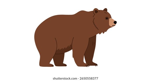 A simple, flat illustration of a brown bear standing on a white background. The bear is depicted in profile, facing to the right, with a friendly expression.