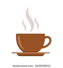 Uma ilustração simples e plana de uma xícara de café marrom com uma alça, sentada em um pires, com socos de vapor subindo. O fundo é um rosa suave e silencioso.