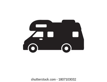 simple flat illustration of a camper van in black and white.