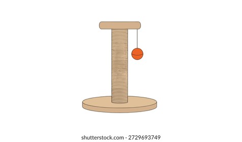 Ilustración plana simple de un poste de rascado de gato con una base de madera y un Pequeño juguete de pelota naranja para el cuidado de mascotas y accesorios.