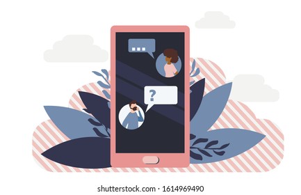 Simple, flat illustration of chat on smartphone. Communication concept, social network. 