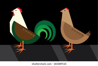Simple flat illustration of chicken and rooster