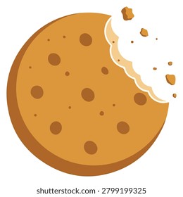 A simple, flat illustration of a chocolate chip cookie with a bite taken out of it.