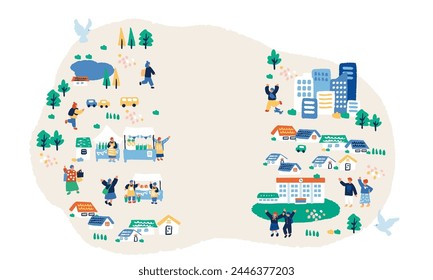 Simple and flat illustration of cityscape and people