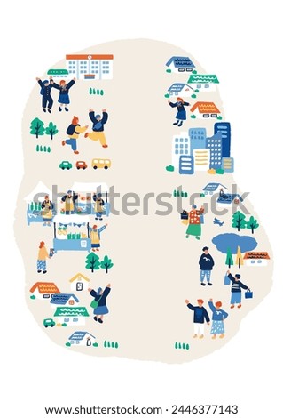 Simple and flat illustration of cityscape and people