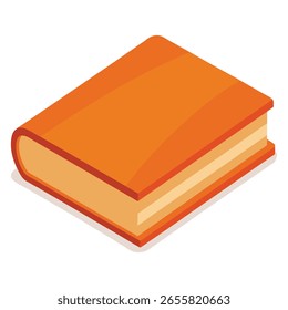 Una ilustración simple y plana de un libro cerrado de tapa dura con una cubierta naranja, presentado en perspectiva isométrica sobre un fondo blanco, Vector de libro de tapa dura naranja, Diseño isométrico cerrado