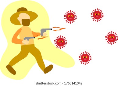 Simple Flat Illustration of A Cowboy Man Holding Gun and Shooting Covid-19 Coronavirus. Fight Coronavirus using GunFire.  Suitable For Medical and Healthcare Graphic Asset. Fight Coronavirus Vector.