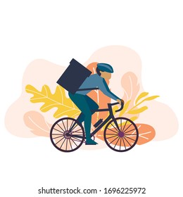  Simple flat illustration for delivery service. Cyclist with bag 