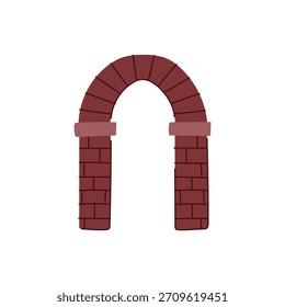 Ilustração plana simples representando um arco de tijolo marrom avermelhado clássico, servindo como um elemento arquitetônico para uma entrada ou passagem, situado contra um fundo branco limpo
