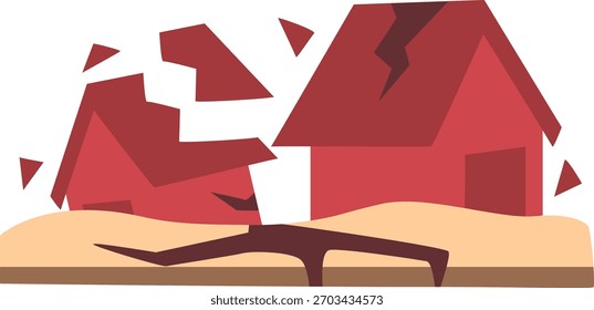 Una simple ilustración plana de un terremoto dañando casas, mostrando el suelo agrietado, estructuras rotas, impacto de desastres naturales, conciencia de seguridad, peligro ambiental y conceptos de emergencia urgentes.