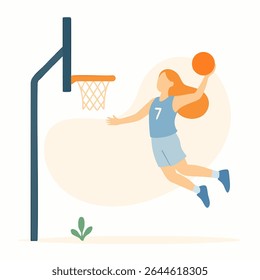 Simple Flat Illustration of Female Basketball Player Doing Slam Dunk Sport