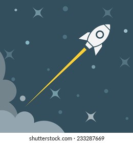 Simple flat illustration with flying rocket and stars. EPS10 vector image.