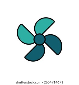 Uma ilustração simples e plana de uma hélice de quatro pás. As lâminas são curvas e coloridas em tons alternados de azul escuro e azul escuro, com contornos pretos grossos.