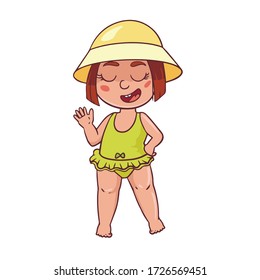 simple flat illustration of a girl in a green swimsuit. Doodle sketch of a child 