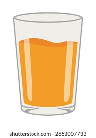 Uma ilustração simples e plana de um copo cheio de suco de laranja. A bebida tem uma superfície ondulada e destaques, sugerindo refresco e um design limpo.