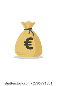 A simple flat illustration of a golden brown burlap money sack tied with a string, featuring a black Euro symbol printed on the front.