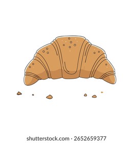 A simple, flat illustration of a golden-brown croissant with a few crumbs scattered around it on a white background. The croissant has a classic crescent shape and is depicted with subtle shading.