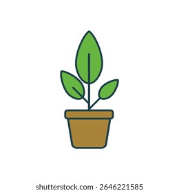 Simple Flat Illustration of Green Leafy Plant Growing in Brown Flower Pot on White Background