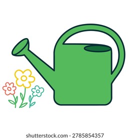 A simple flat illustration of a green watering can beside a cluster of three small stylized flowers on a white background