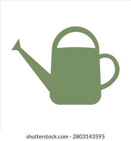 A simple, flat illustration of a green watering can with a spout and handle, isolated on a white background. This object is commonly used for gardening and watering plants.