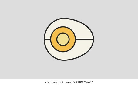 Simple flat illustration of a halved boiled egg shows the white and the yellow yolk on a light grey background.