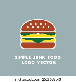 Una ilustración simple y plana de una hamburguesa con texto debajo que dice "Vector simple con el logotipo de comida chatarra" sobre un fondo azul.