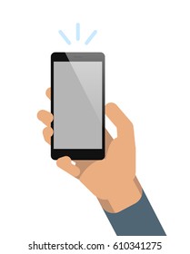 Simple flat illustration of hand holding phone on white background