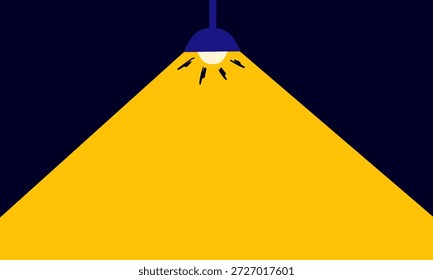 Simple flat illustration of a hanging light bulb glowing in a dark nighttime setting, with clean empty space below for text or design elements.