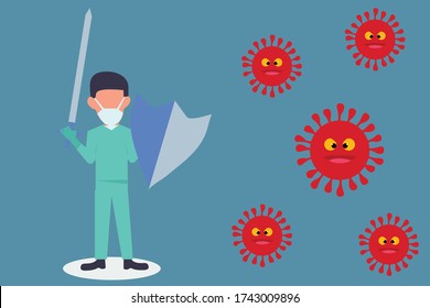 Simple Flat Illustration of Health Worker Doctor or Nurse Fight Against Coronavirus Covid-19 with Sword And Shield. Fight Corona Vector Illustration. 