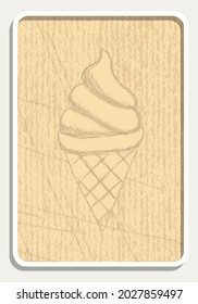 Simple flat illustration of ice cream in a waffle cup.  Vector vintage card in beige color